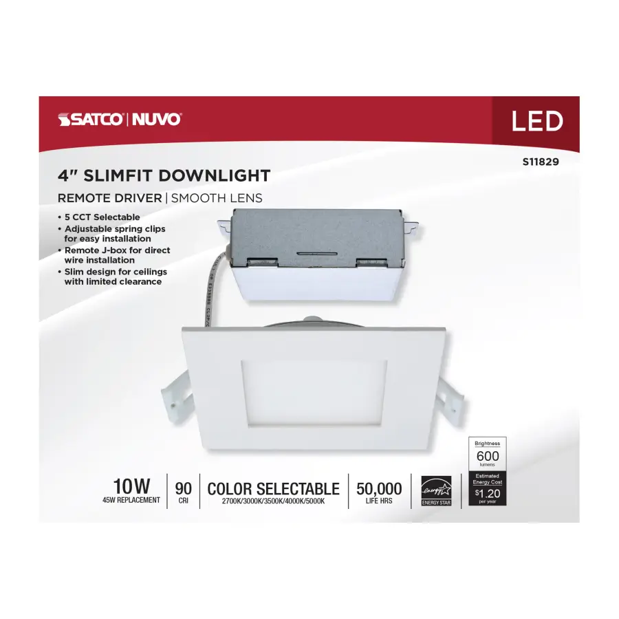 10 Watt - LED Direct Wire Downlight - Edge-lit - 4 inch - CCT Selectable - 120 volt - Dimmable - Square - Remote Driver - Image 9