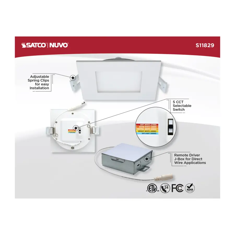 10 Watt - LED Direct Wire Downlight - Edge-lit - 4 inch - CCT Selectable - 120 volt - Dimmable - Square - Remote Driver - Image 10