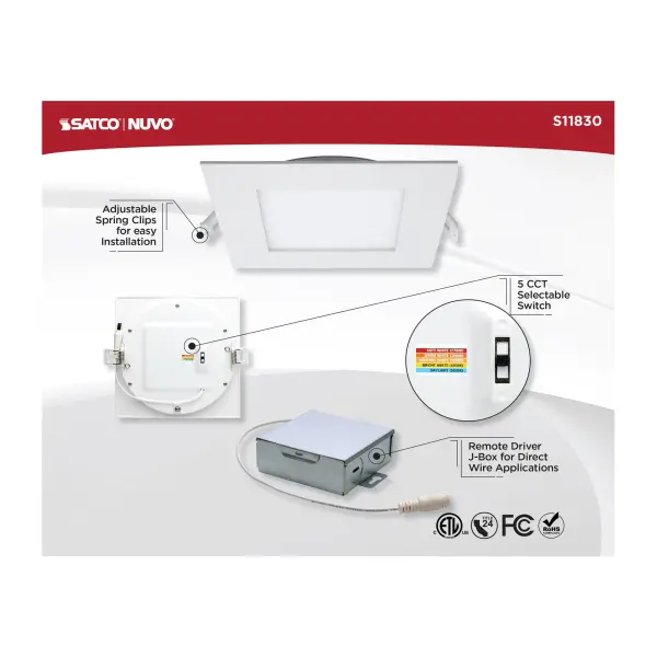12 Watt - LED Direct Wire Downlight - Edge-lit - 6 inch - CCT Selectable - 120 volt - Dimmable - Square - Remote Driver - Image 10