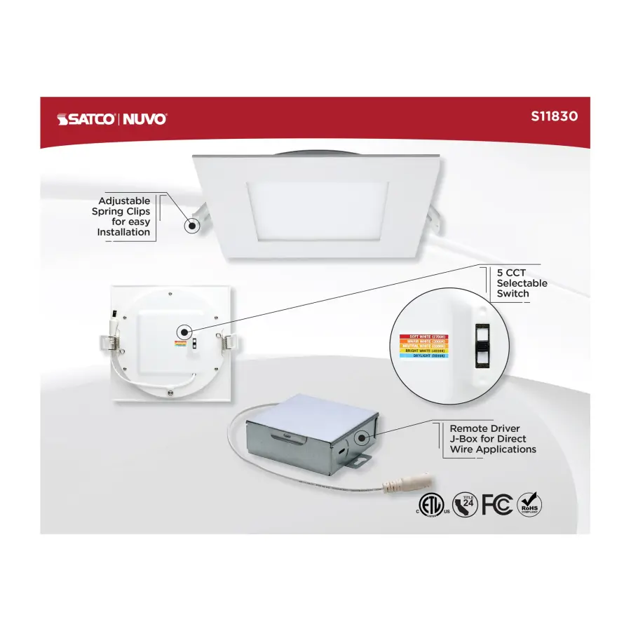 12 Watt - LED Direct Wire Downlight - Edge-lit - 6 inch - CCT Selectable - 120 volt - Dimmable - Square - Remote Driver - Image 10
