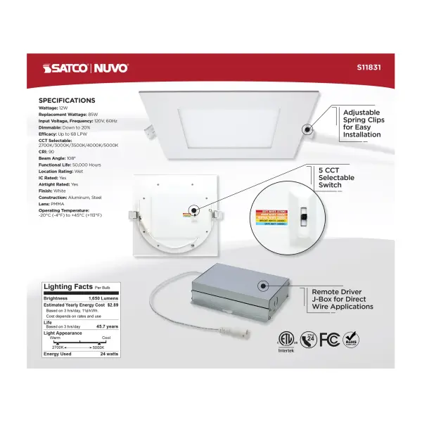 24 Watt - LED Direct Wire Downlight - Edge-lit - 8 inch - CCT Selectable - 120 volt - Dimmable - Square - Remote Driver - Image 10