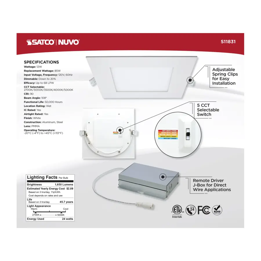 24 Watt - LED Direct Wire Downlight - Edge-lit - 8 inch - CCT Selectable - 120 volt - Dimmable - Square - Remote Driver - Image 10