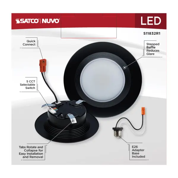 6.7 Watt - LED Downlight Retrofit - 4 Inch - CCT Selectable - 120 Volts - Black Finish - Image 11