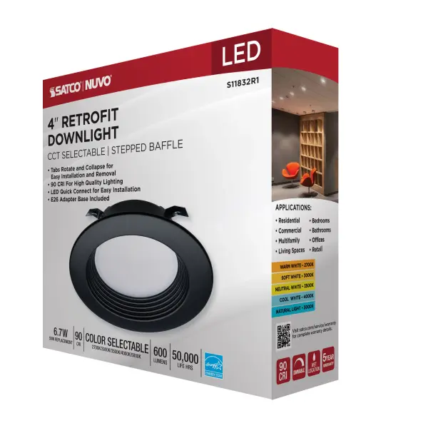 6.7 Watt - LED Downlight Retrofit - 4 Inch - CCT Selectable - 120 Volts - Black Finish - Image 14