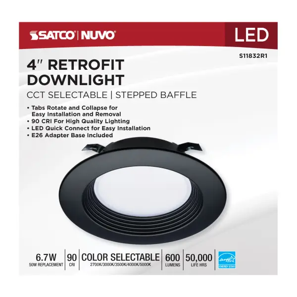 6.7 Watt - LED Downlight Retrofit - 4 Inch - CCT Selectable - 120 Volts - Black Finish - Image 10