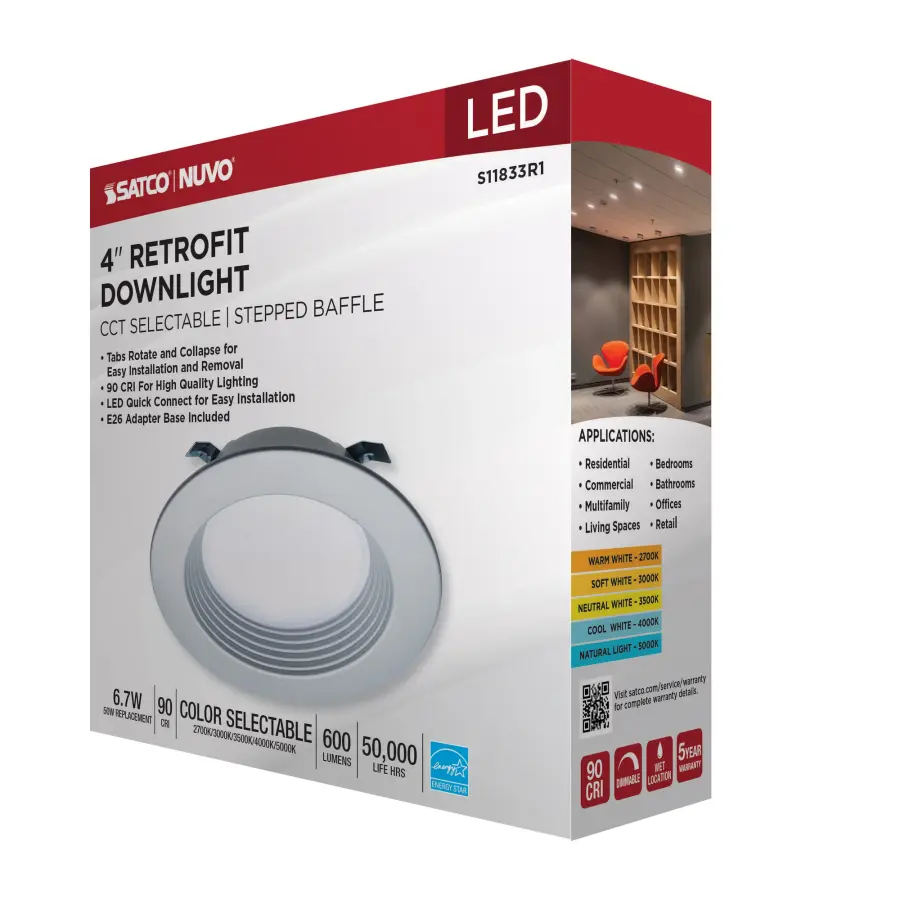 6.7 Watt - LED Downlight Retrofit - 4 Inch - CCT Selectable - 120 Volts - Brushed Nickel Finish - Image 14
