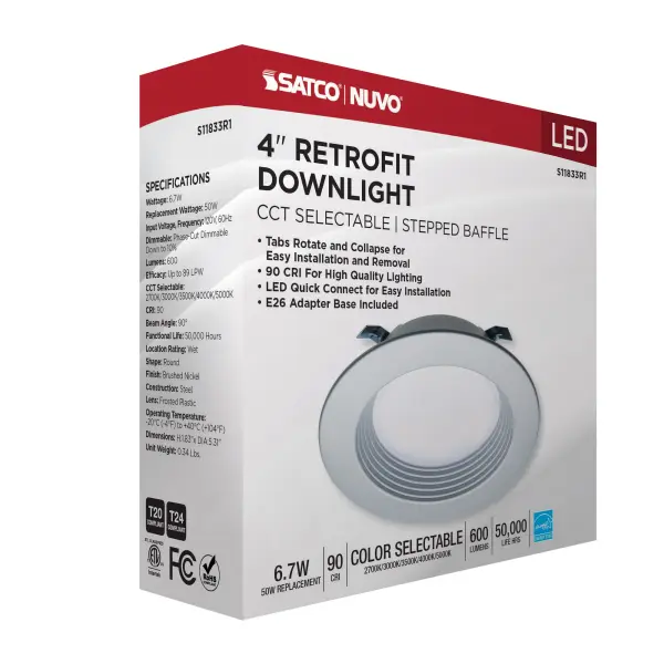 6.7 Watt - LED Downlight Retrofit - 4 Inch - CCT Selectable - 120 Volts - Brushed Nickel Finish - Image 15