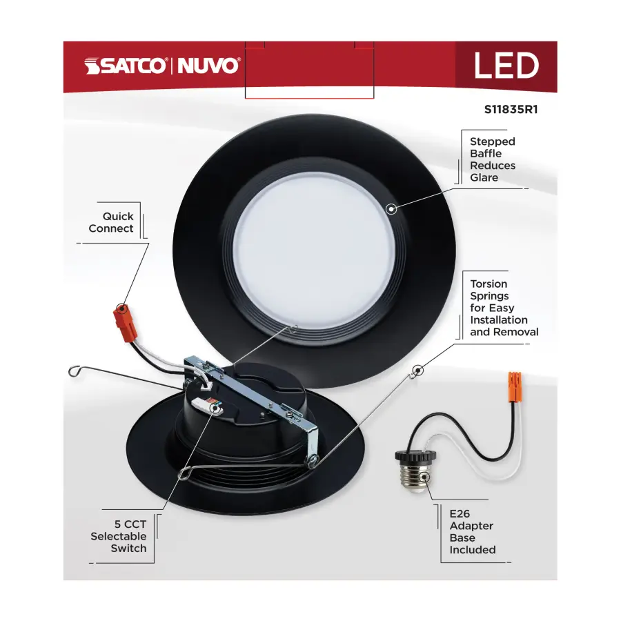 9 Watt - LED Downlight Retrofit - 5-6 Inch - CCT Selectable - 120 Volts - Black Finish - Image 11