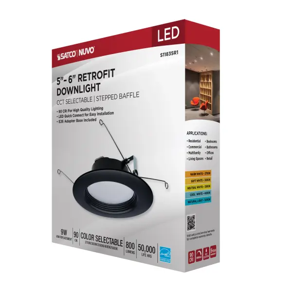 9 Watt - LED Downlight Retrofit - 5-6 Inch - CCT Selectable - 120 Volts - Black Finish - Image 14