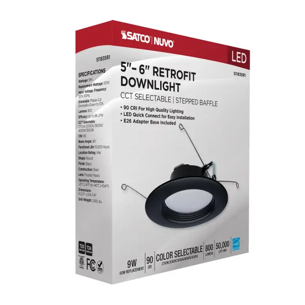 9 Watt - LED Downlight Retrofit - 5-6 Inch - CCT Selectable - 120 Volts - Black Finish - Image 15