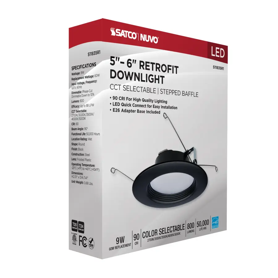 9 Watt - LED Downlight Retrofit - 5-6 Inch - CCT Selectable - 120 Volts - Black Finish - Image 15