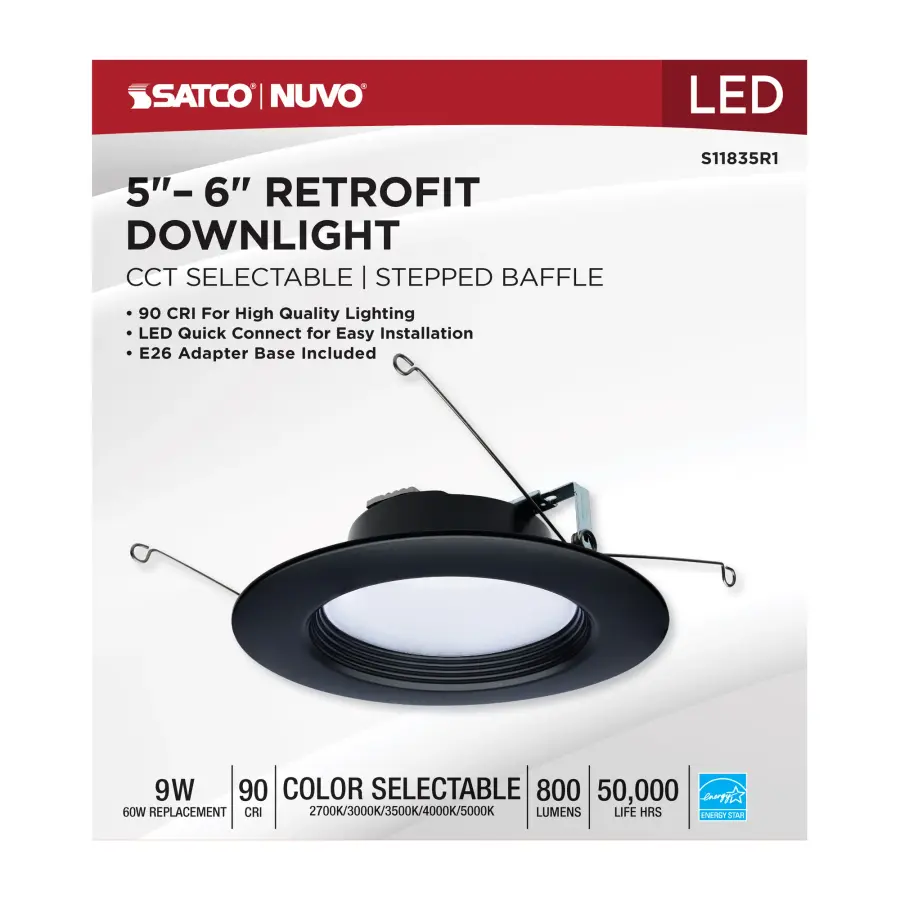 9 Watt - LED Downlight Retrofit - 5-6 Inch - CCT Selectable - 120 Volts - Black Finish - Image 10