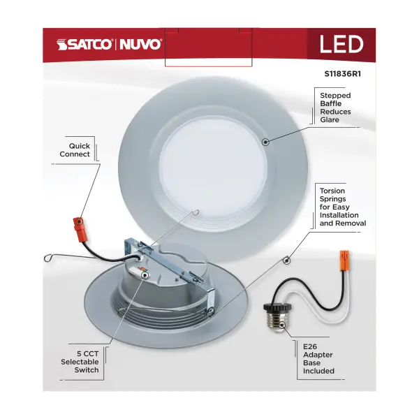 9 Watt - LED Downlight Retrofit - 5-6 Inch - CCT Selectable - 120 Volts - Brushed Nickel Finish - Image 11