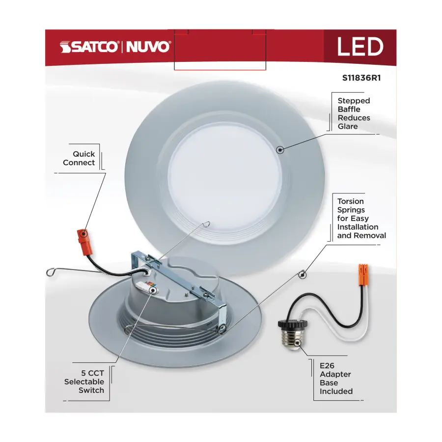 9 Watt - LED Downlight Retrofit - 5-6 Inch - CCT Selectable - 120 Volts - Brushed Nickel Finish - Image 11