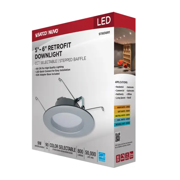9 Watt - LED Downlight Retrofit - 5-6 Inch - CCT Selectable - 120 Volts - Brushed Nickel Finish - Image 14