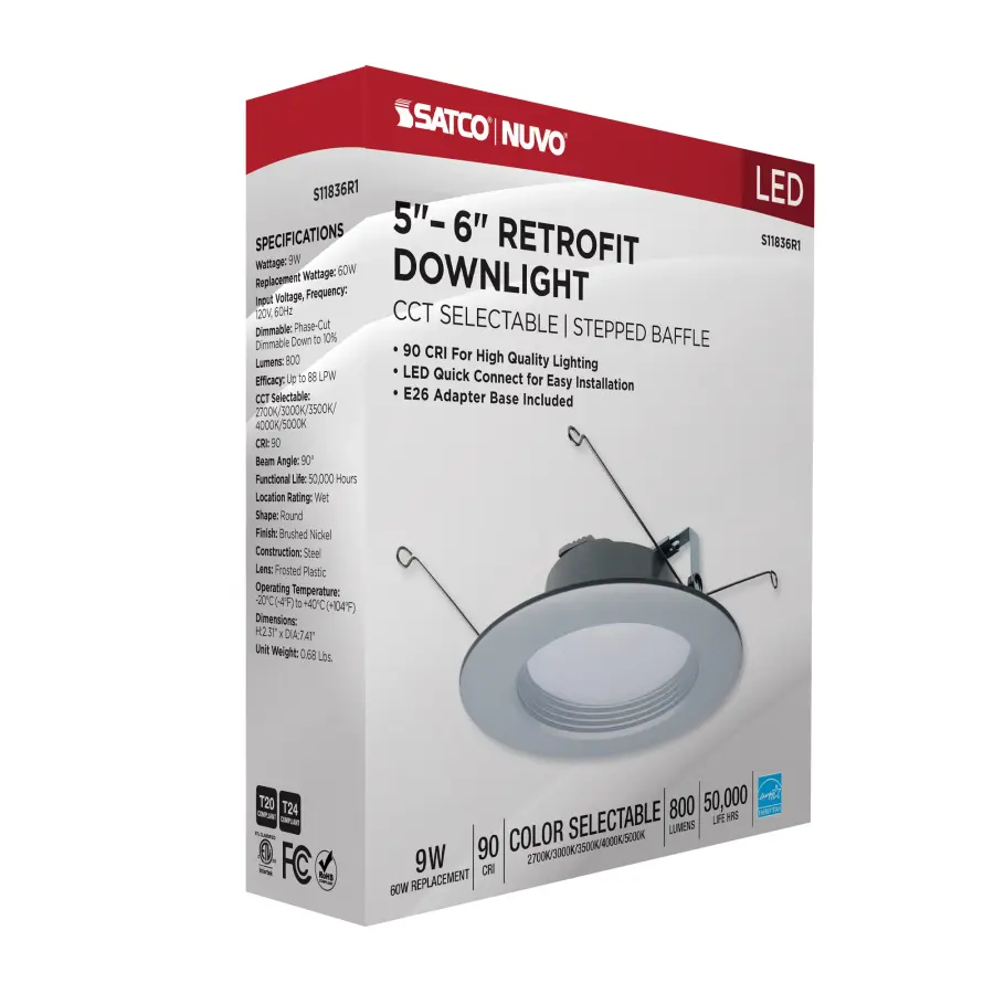9 Watt - LED Downlight Retrofit - 5-6 Inch - CCT Selectable - 120 Volts - Brushed Nickel Finish - Image 15