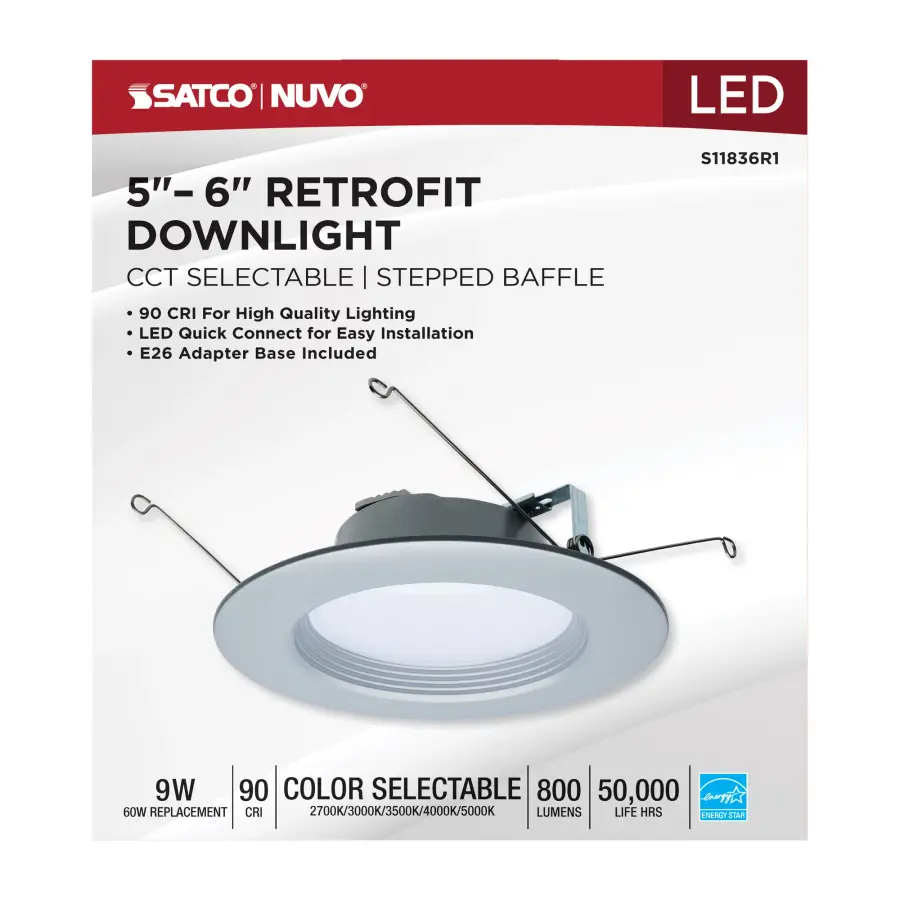 9 Watt - LED Downlight Retrofit - 5-6 Inch - CCT Selectable - 120 Volts - Brushed Nickel Finish - Image 10