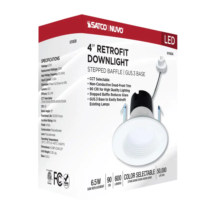 6.5 Watt LED Downlight Retrofit - 4 Inch Baffle - CCT Selectable - 12 Volts - Matte White Finish - Image 13