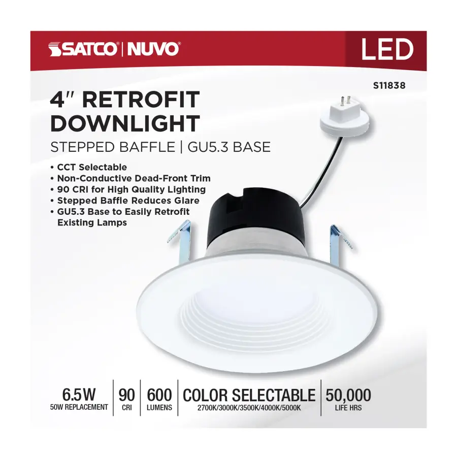 6.5 Watt LED Downlight Retrofit - 4 Inch Baffle - CCT Selectable - 12 Volts - Matte White Finish - Image 8