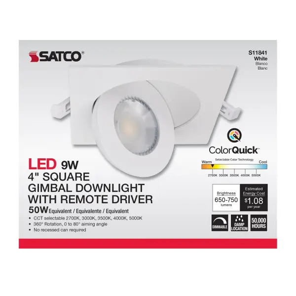 9 Watt - CCT Selectable - LED Direct Wire Downlight - Gimbaled - 4 Inch Square - Remote Driver - White - Image 11