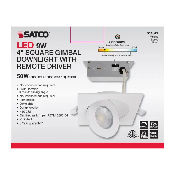 9 Watt - CCT Selectable - LED Direct Wire Downlight - Gimbaled - 4 Inch Square - Remote Driver - White - Image 12