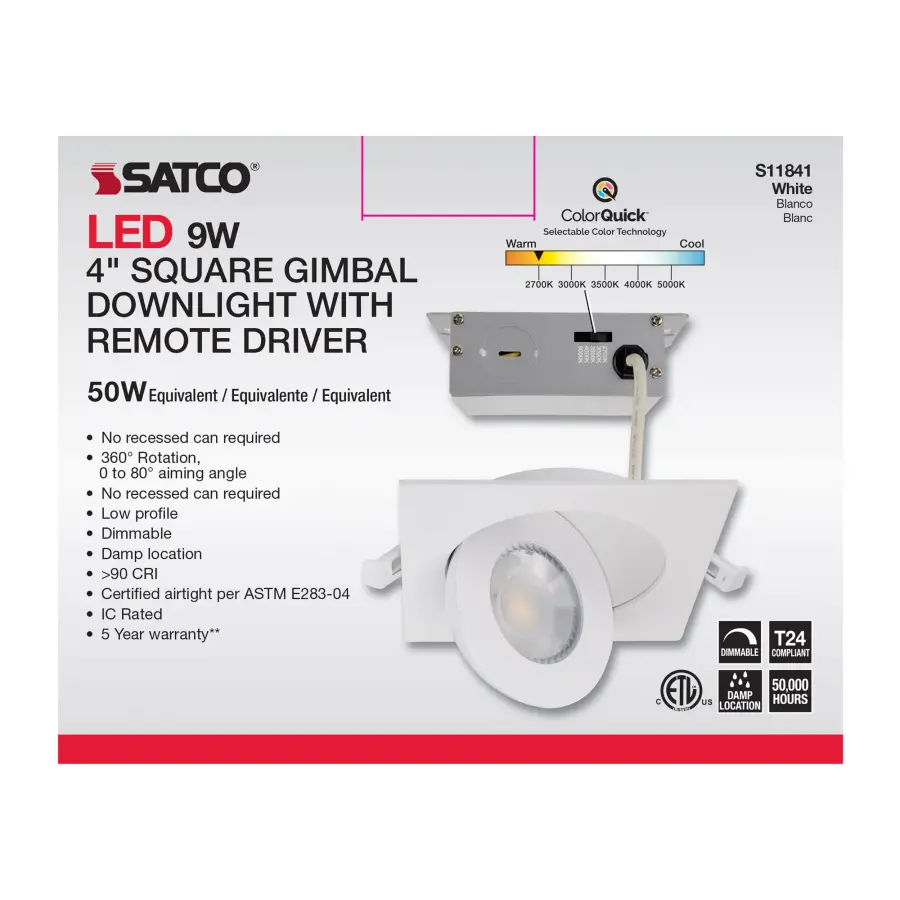 9 Watt - CCT Selectable - LED Direct Wire Downlight - Gimbaled - 4 Inch Square - Remote Driver - White - Image 12