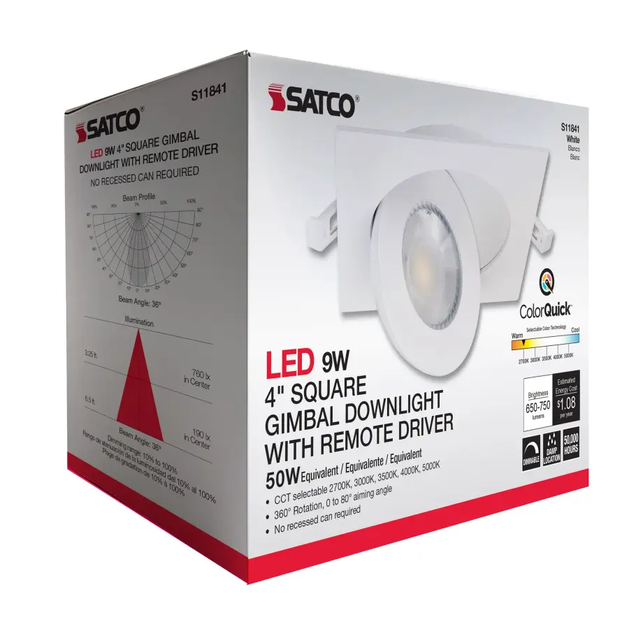 9 Watt - CCT Selectable - LED Direct Wire Downlight - Gimbaled - 4 Inch Square - Remote Driver - White - Image 15