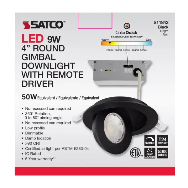9 Watt - CCT Selectable - LED Direct Wire Downlight - Gimbaled - 4 Inch Round - Remote Driver - Black - Image 12