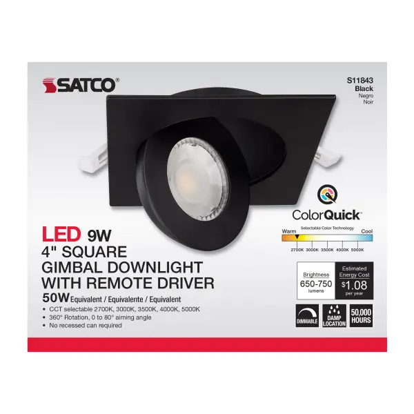 9 Watt - CCT Selectable - LED Direct Wire Downlight - Gimbaled - 4 Inch Square - Remote Driver - Black - Image 11