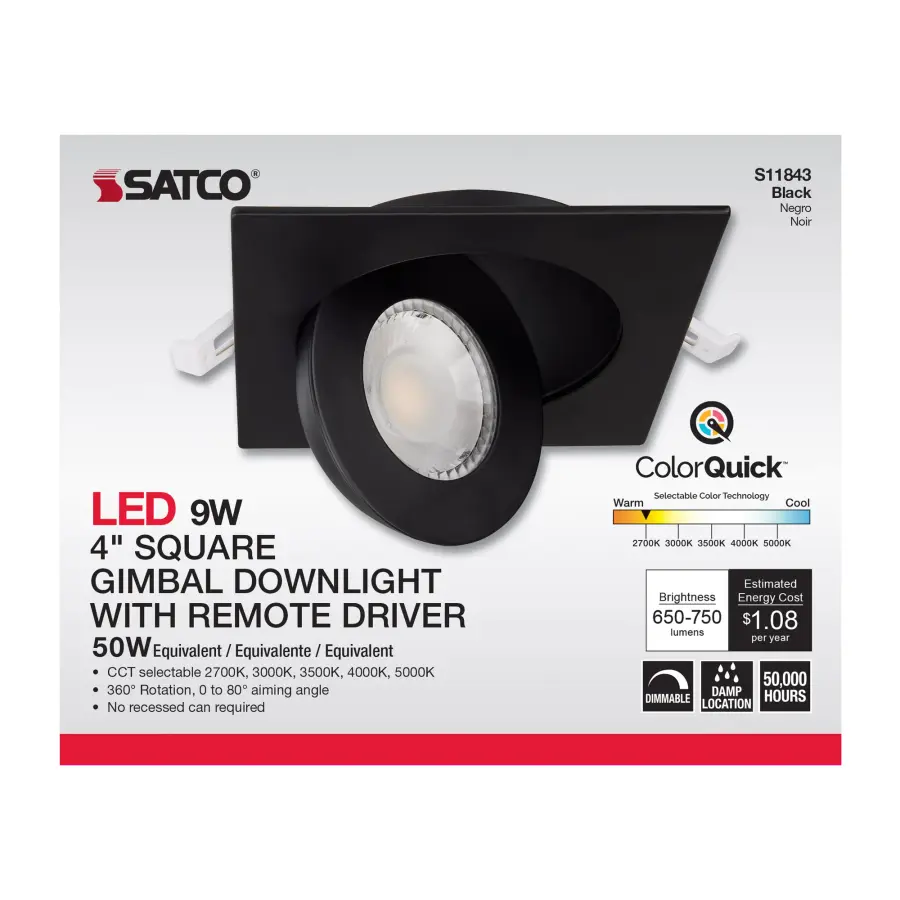 9 Watt - CCT Selectable - LED Direct Wire Downlight - Gimbaled - 4 Inch Square - Remote Driver - Black - Image 11