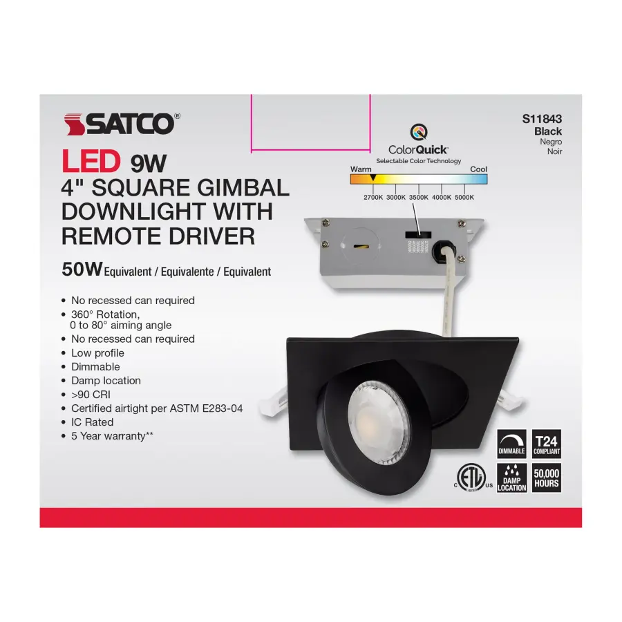 9 Watt - CCT Selectable - LED Direct Wire Downlight - Gimbaled - 4 Inch Square - Remote Driver - Black - Image 12