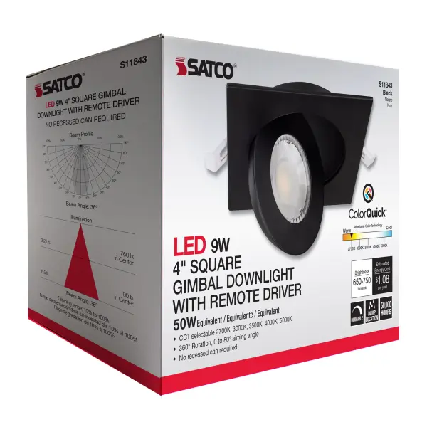 9 Watt - CCT Selectable - LED Direct Wire Downlight - Gimbaled - 4 Inch Square - Remote Driver - Black - Image 15