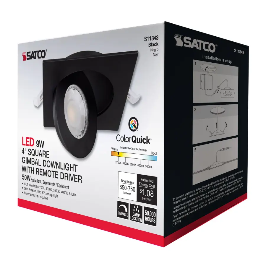 9 Watt - CCT Selectable - LED Direct Wire Downlight - Gimbaled - 4 Inch Square - Remote Driver - Black - Image 16
