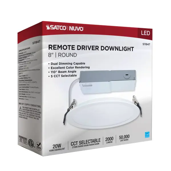 20 Watt - 8 Inch LED Direct Wire Downlight - Remote Driver - CCT Selectable - Dual Dimming - Flat Face - Round - White Finish - Image 11