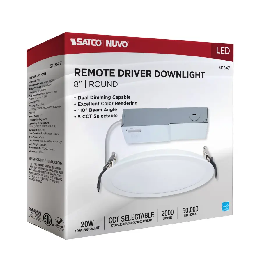 20 Watt - 8 Inch LED Direct Wire Downlight - Remote Driver - CCT Selectable - Dual Dimming - Flat Face - Round - White Finish - Image 11