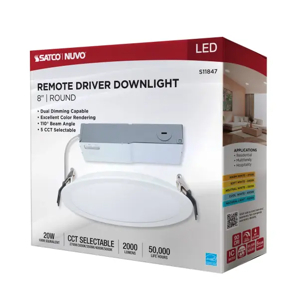 20 Watt - 8 Inch LED Direct Wire Downlight - Remote Driver - CCT Selectable - Dual Dimming - Flat Face - Round - White Finish - Image 12