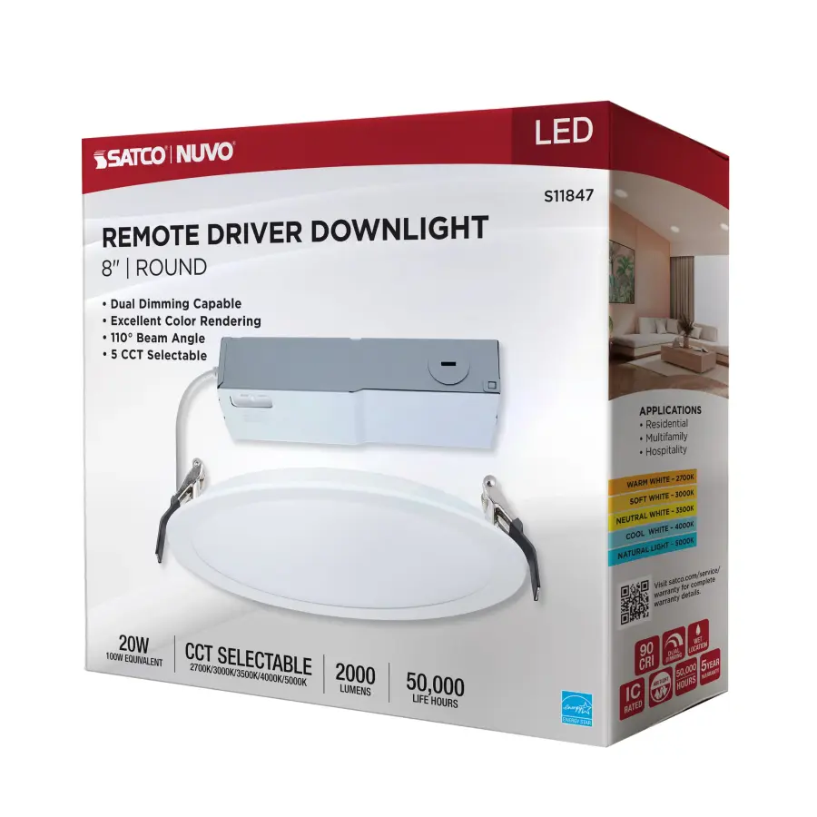20 Watt - 8 Inch LED Direct Wire Downlight - Remote Driver - CCT Selectable - Dual Dimming - Flat Face - Round - White Finish - Image 12