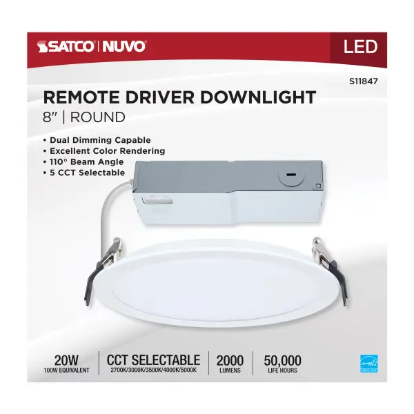 20 Watt - 8 Inch LED Direct Wire Downlight - Remote Driver - CCT Selectable - Dual Dimming - Flat Face - Round - White Finish - Image 6