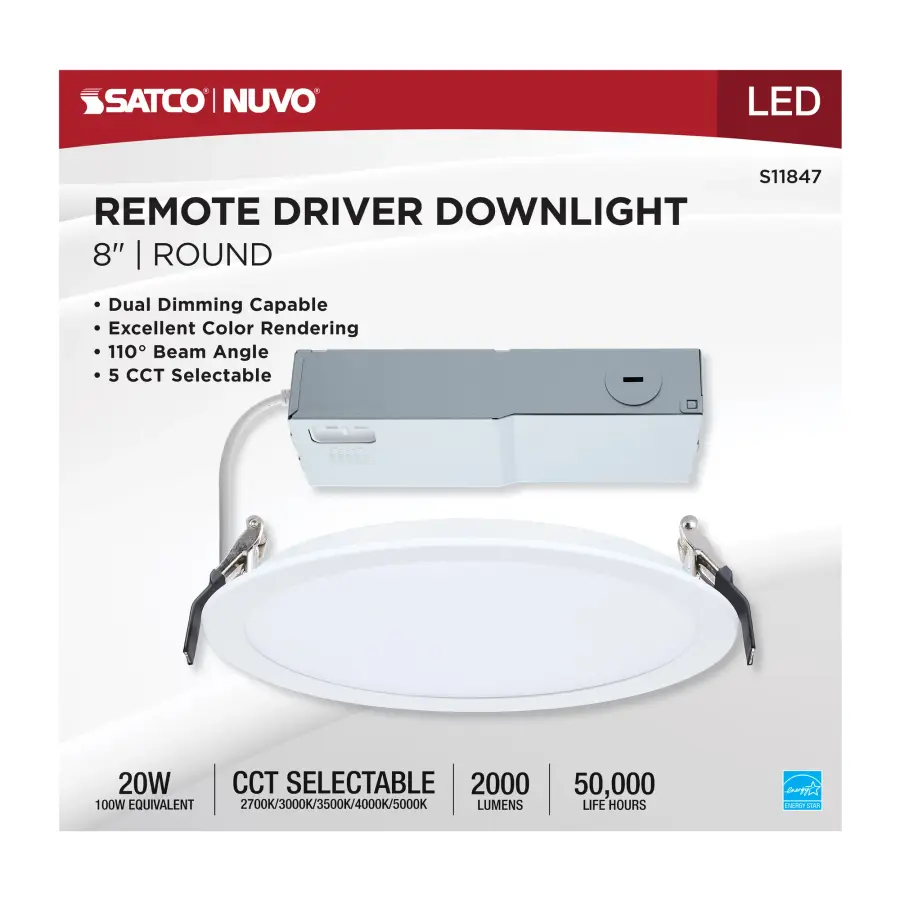 20 Watt - 8 Inch LED Direct Wire Downlight - Remote Driver - CCT Selectable - Dual Dimming - Flat Face - Round - White Finish - Image 6