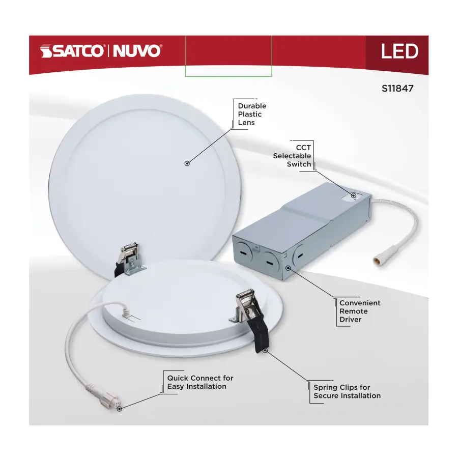20 Watt - 8 Inch LED Direct Wire Downlight - Remote Driver - CCT Selectable - Dual Dimming - Flat Face - Round - White Finish - Image 7