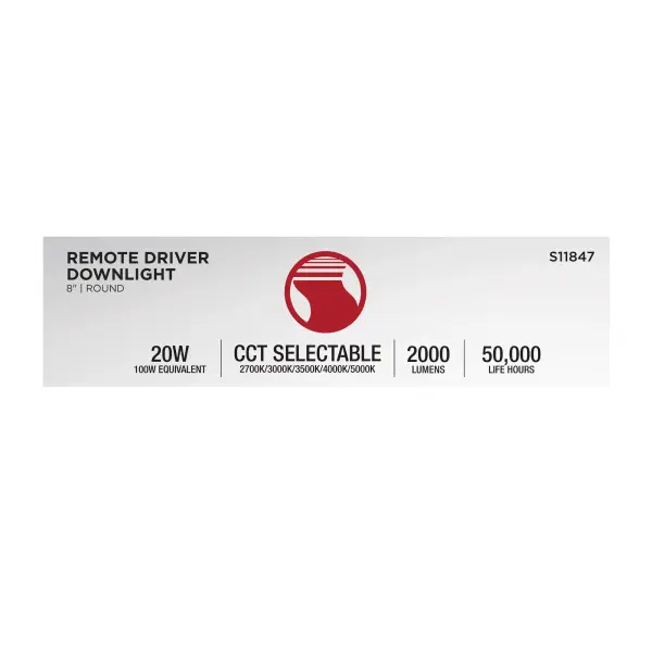 20 Watt - 8 Inch LED Direct Wire Downlight - Remote Driver - CCT Selectable - Dual Dimming - Flat Face - Round - White Finish - Image 10