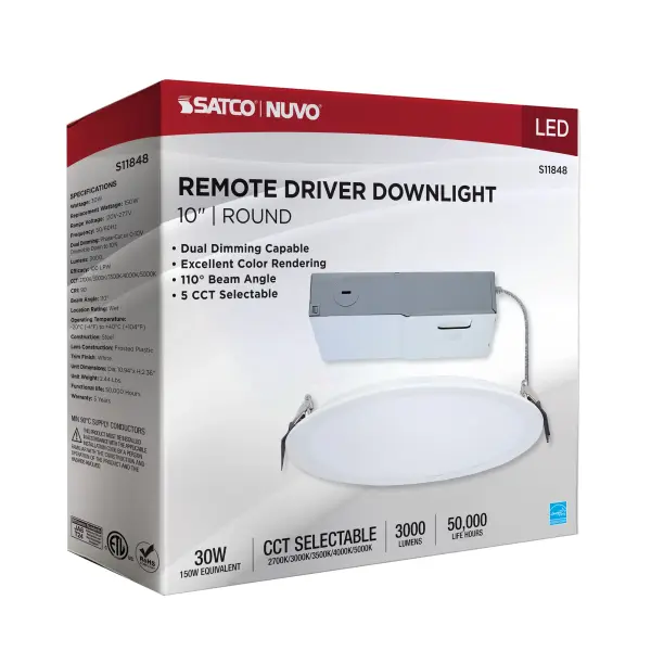30 Watt - 10 Inch LED Direct Wire Downlight - Remote Driver - CCT Selectable - Dual Dimming - Flat Face - Round - White Finish - Image 11