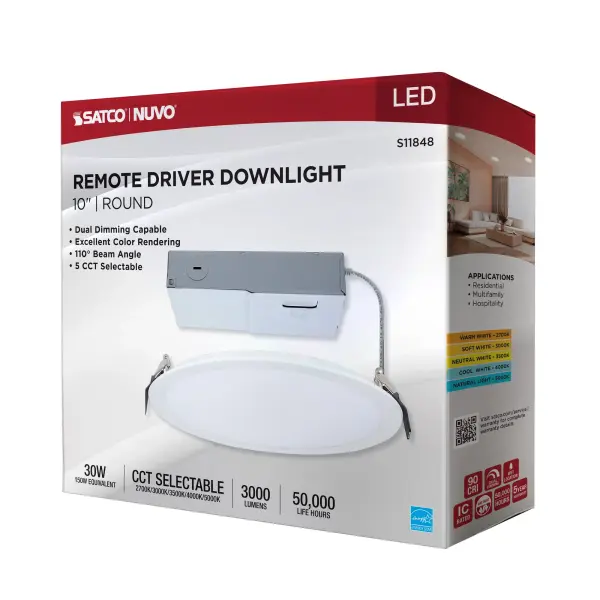 30 Watt - 10 Inch LED Direct Wire Downlight - Remote Driver - CCT Selectable - Dual Dimming - Flat Face - Round - White Finish - Image 12