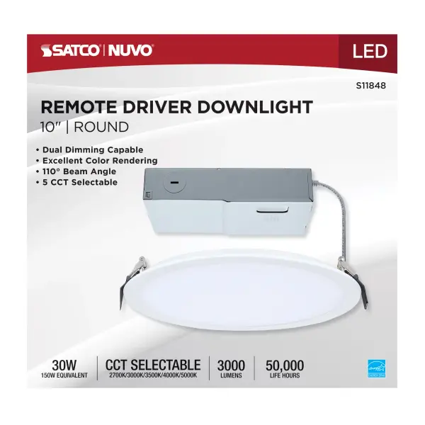 30 Watt - 10 Inch LED Direct Wire Downlight - Remote Driver - CCT Selectable - Dual Dimming - Flat Face - Round - White Finish - Image 6