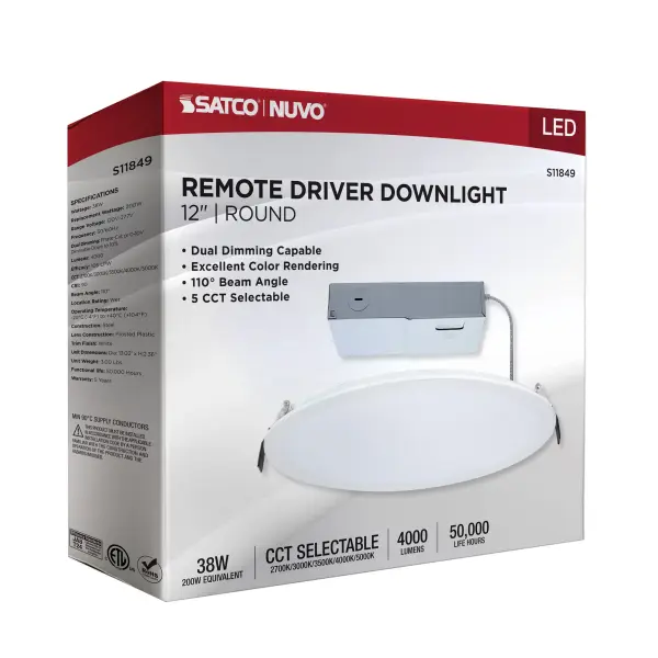 38 Watt - 12 Inch LED Direct Wire Downlight - Remote Driver - CCT Selectable - Dual Dimming - Flat Face - Round - White Finish - Image 11