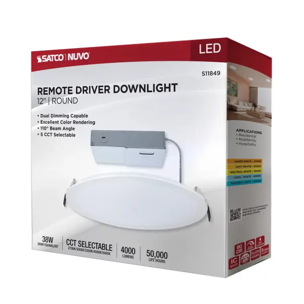38 Watt - 12 Inch LED Direct Wire Downlight - Remote Driver - CCT Selectable - Dual Dimming - Flat Face - Round - White Finish - Image 12