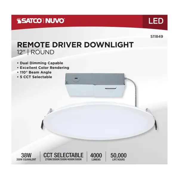 38 Watt - 12 Inch LED Direct Wire Downlight - Remote Driver - CCT Selectable - Dual Dimming - Flat Face - Round - White Finish - Image 6