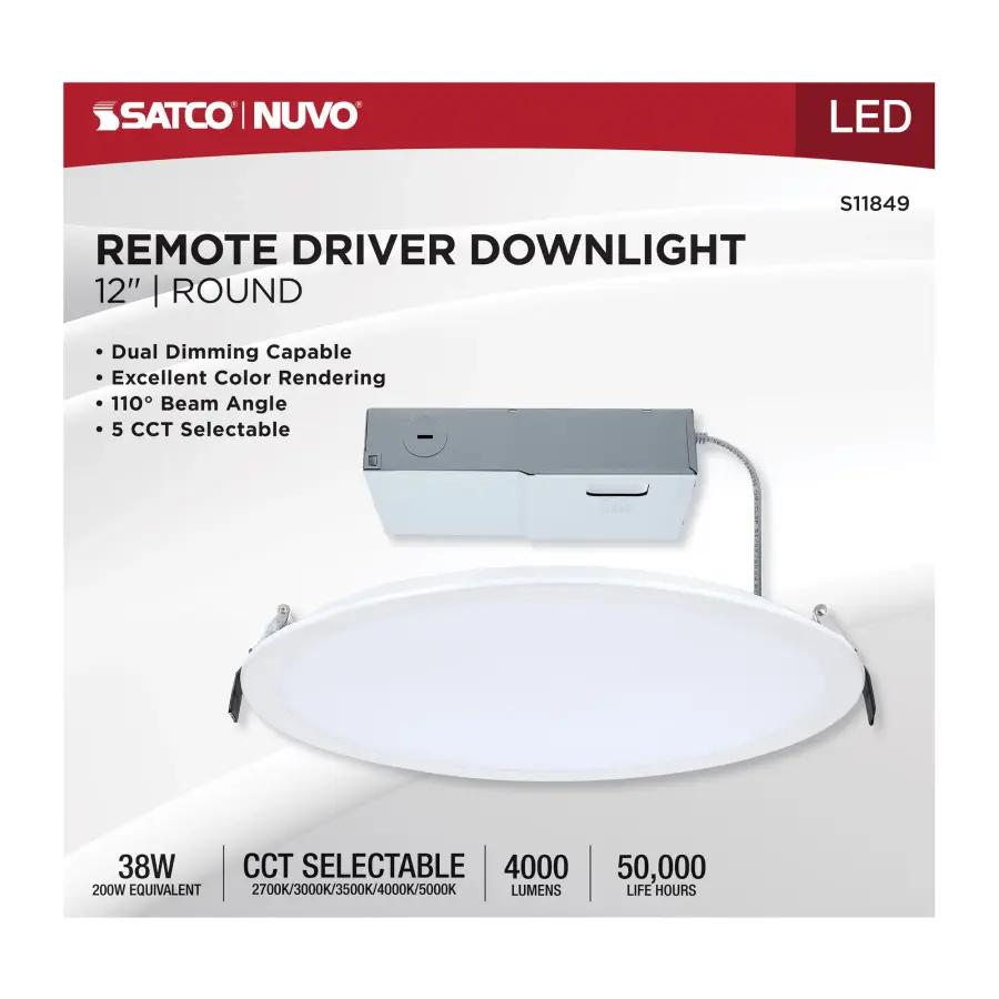 38 Watt - 12 Inch LED Direct Wire Downlight - Remote Driver - CCT Selectable - Dual Dimming - Flat Face - Round - White Finish - Image 6