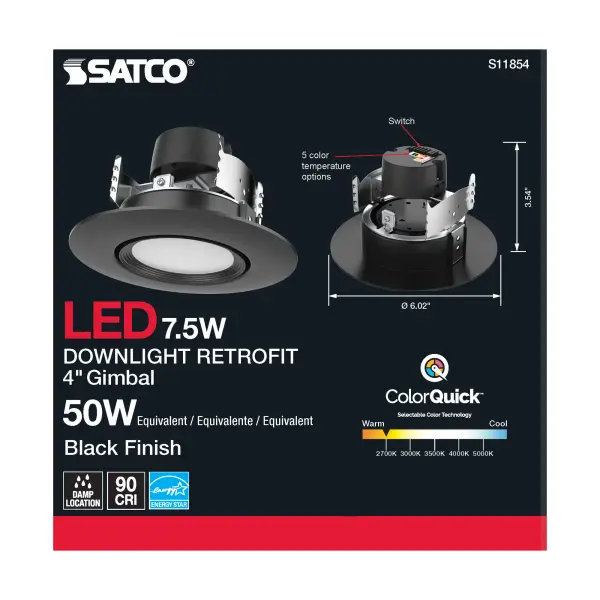 7.5 Watt - LED Retrofit Downlight - Gimbaled - 120 Volt - CCT Selectable - Black Finish - Image 5