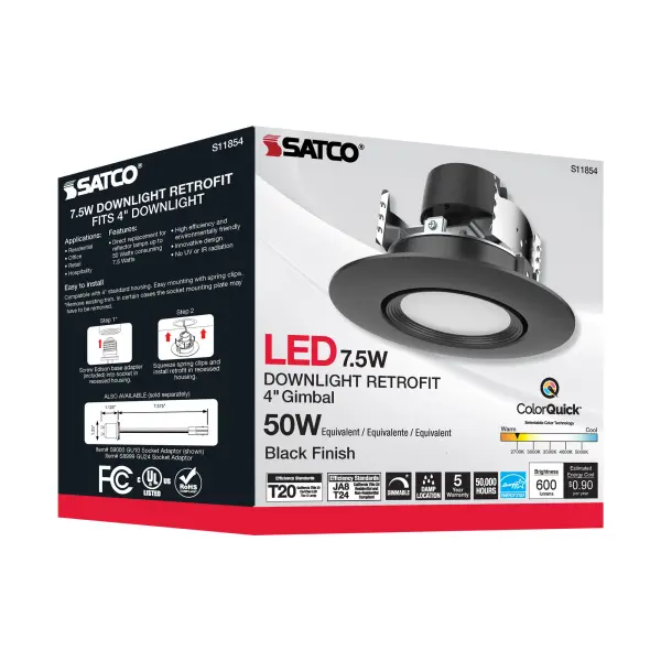7.5 Watt - LED Retrofit Downlight - Gimbaled - 120 Volt - CCT Selectable - Black Finish - Image 9